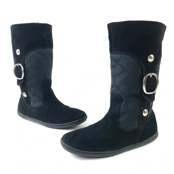 Coach Meyer Signature Logo Black Suede Buckle Detail Flat Winter Snow Boots 7.5 - Picture 2 of 16